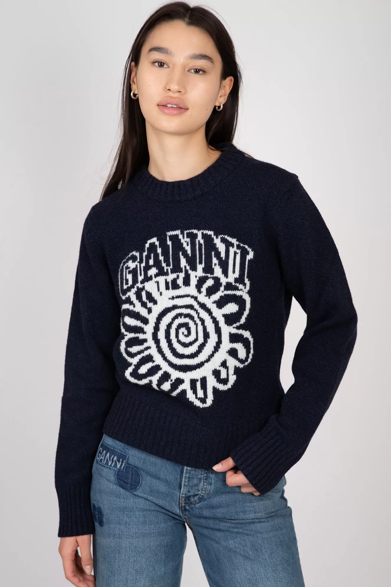 Fashion Blue Flower Graphic O-Neck Pullover Sweaters & Knits