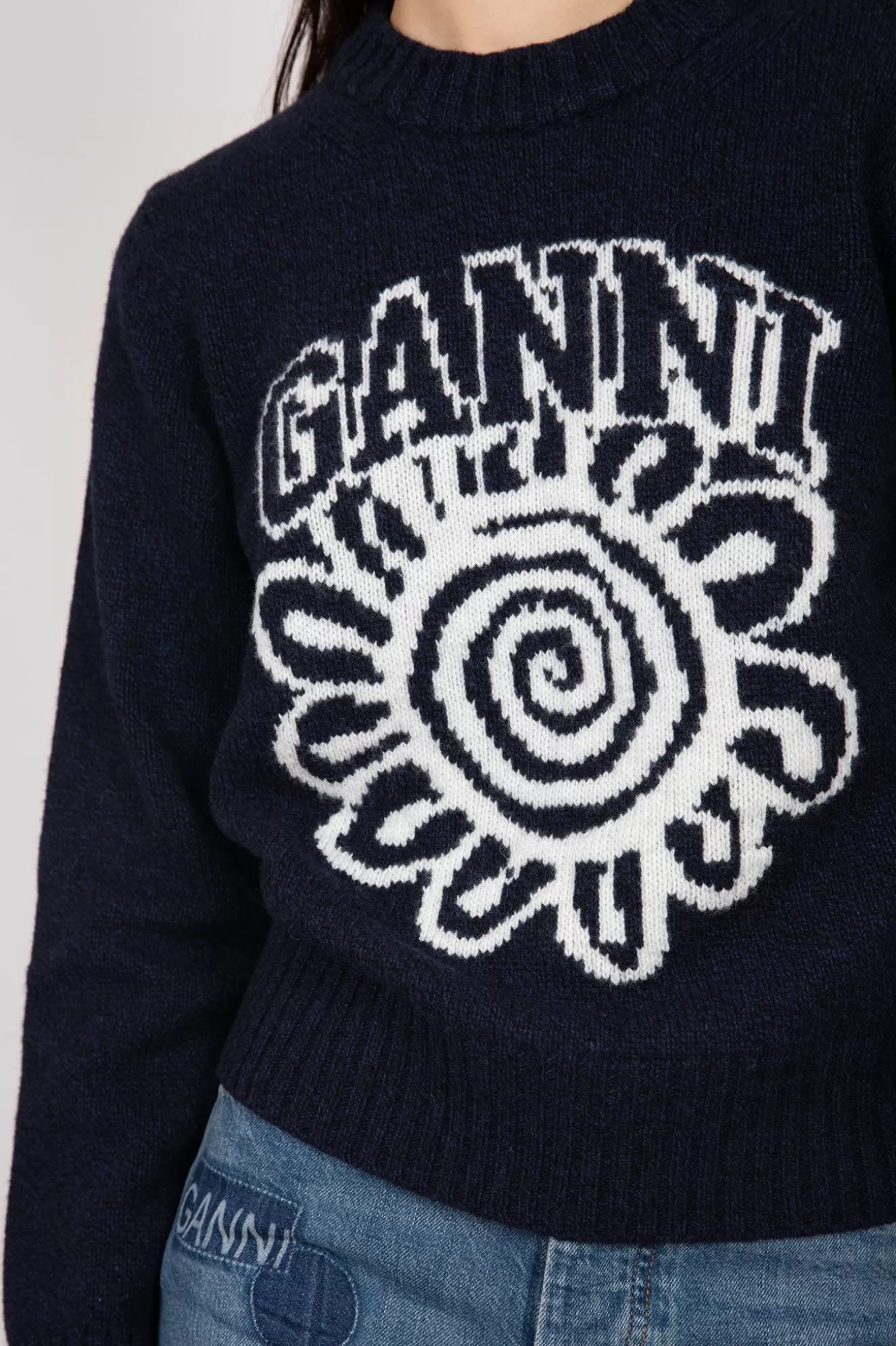 Fashion Blue Flower Graphic O-Neck Pullover Sweaters & Knits