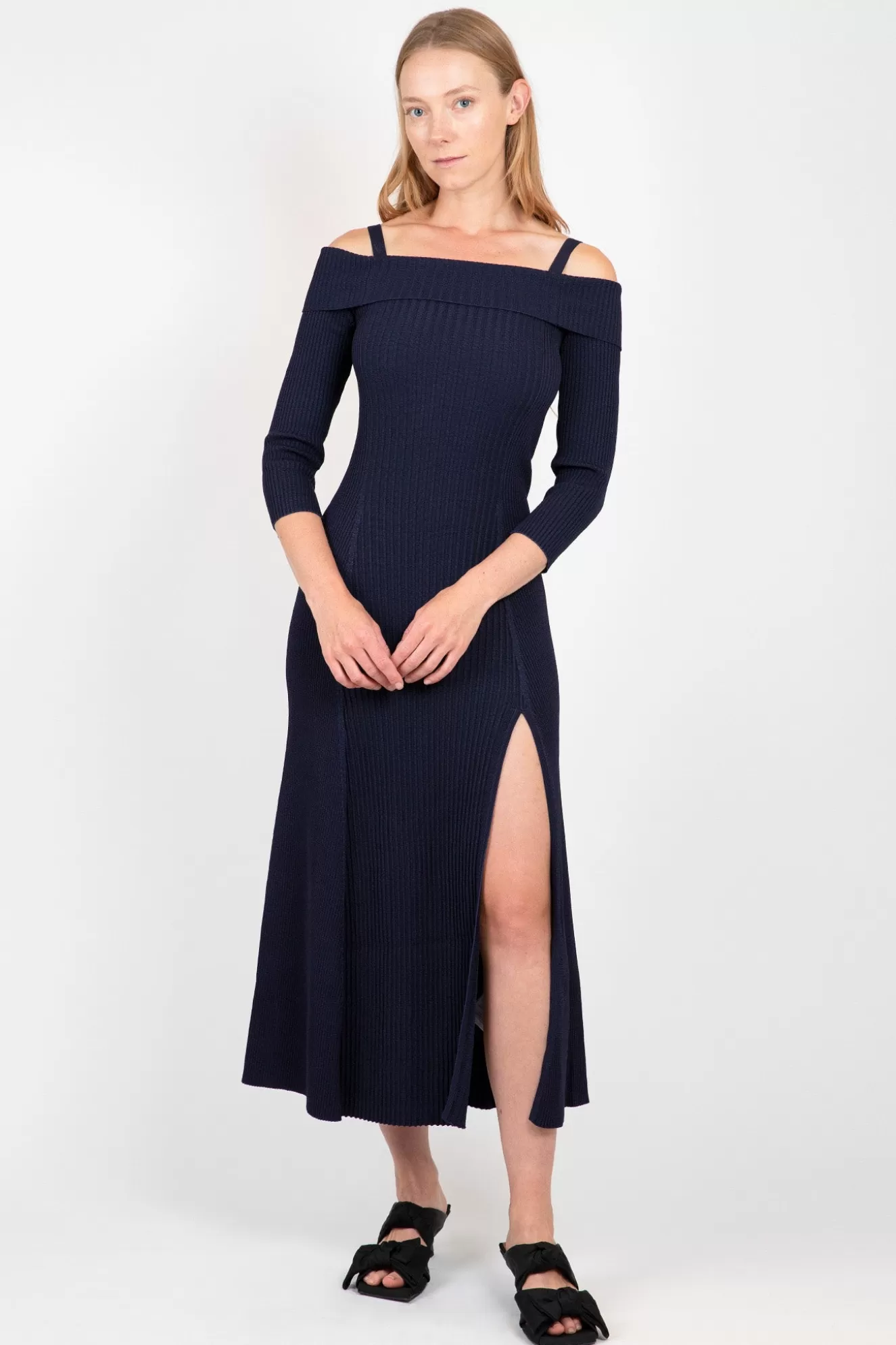 Shop Blue Melange Knit Off Shoulder Maxi Dress Skirts & Dresses