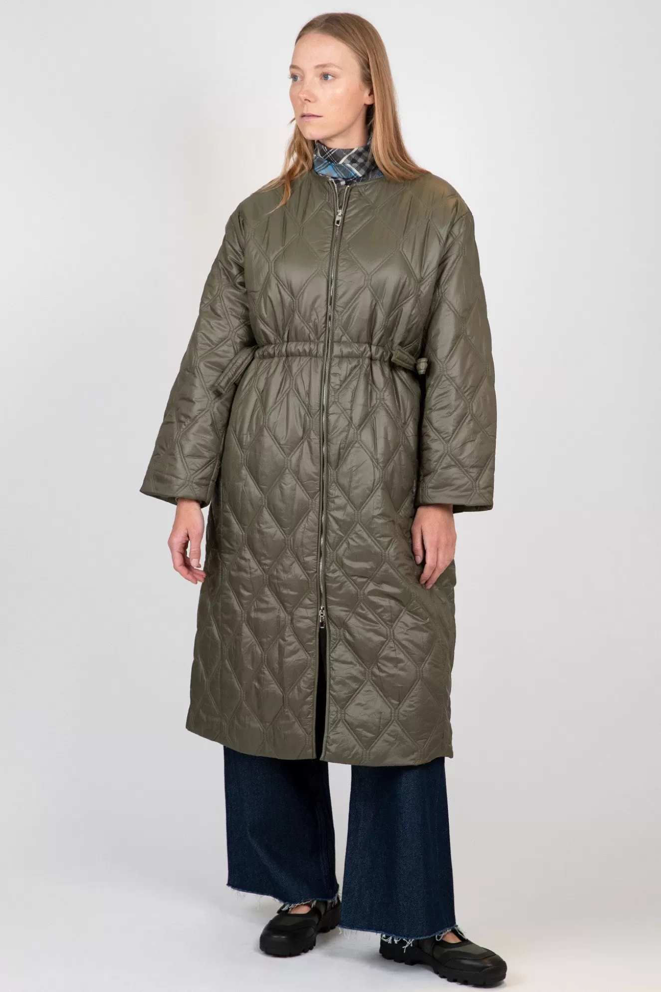 Cheap Green Shiny Quilt Long Coat Jackets & Coats