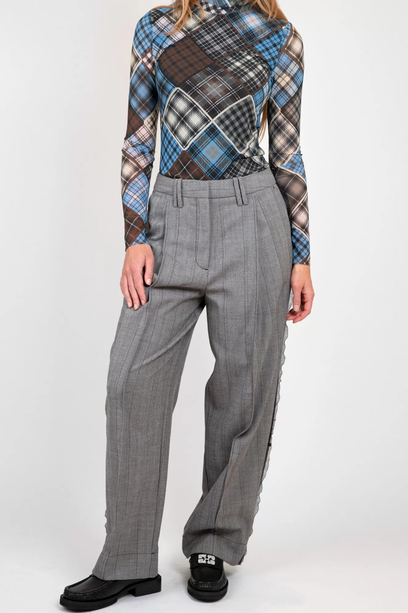 Online Grey Herringbone Suiting Pleated Trousers Pants