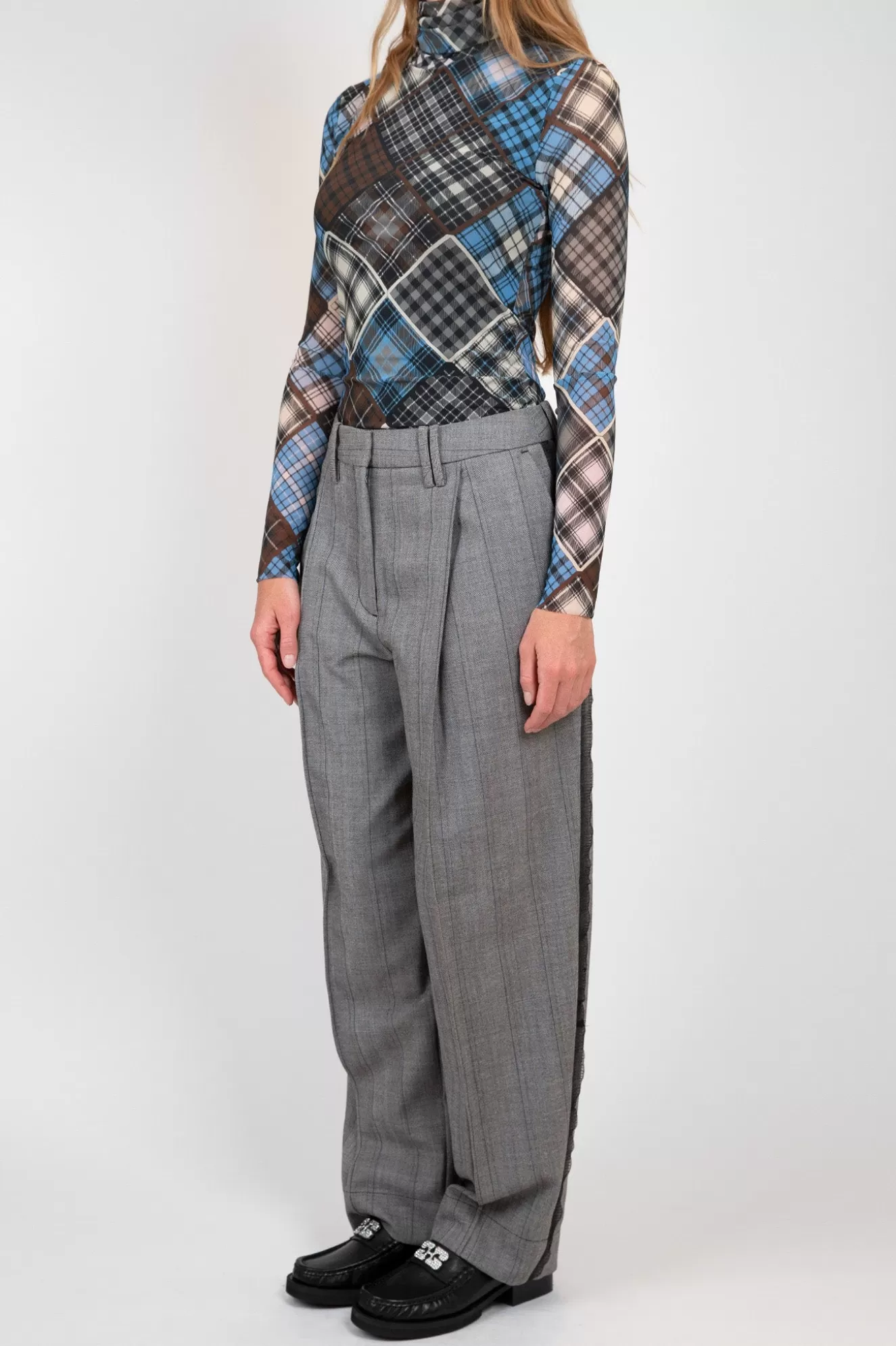 Online Grey Herringbone Suiting Pleated Trousers Pants