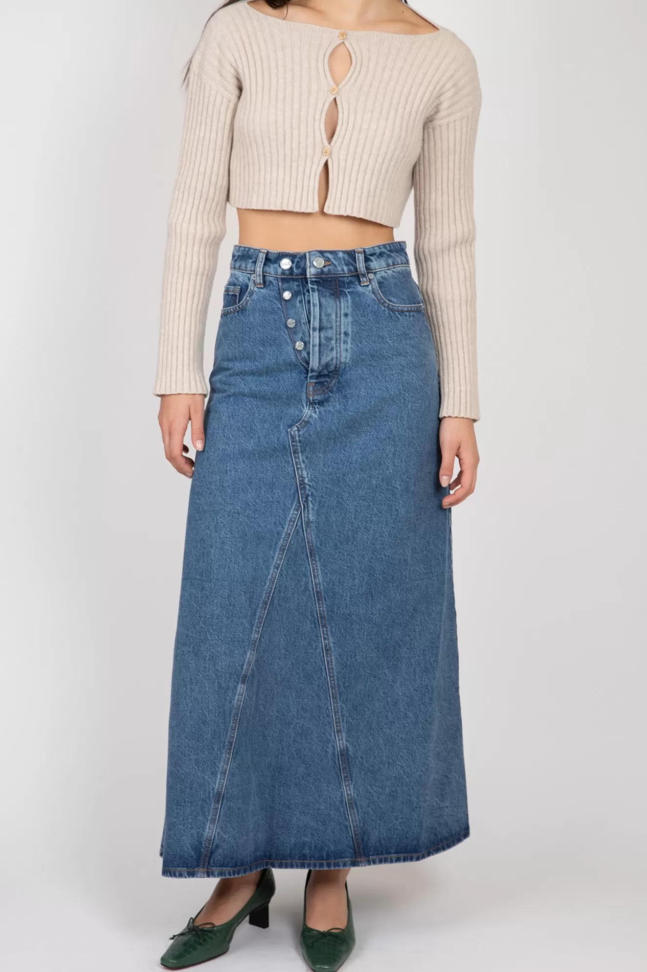 New Overdyed Cutline Denim Maxi Skirt Skirts & Dresses