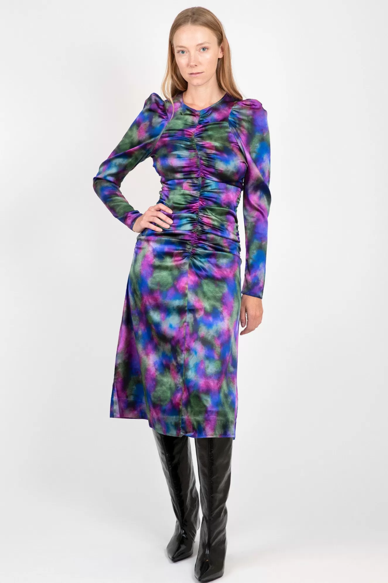 Online Purple Silk Satin O-Neck Midi Dress Skirts & Dresses